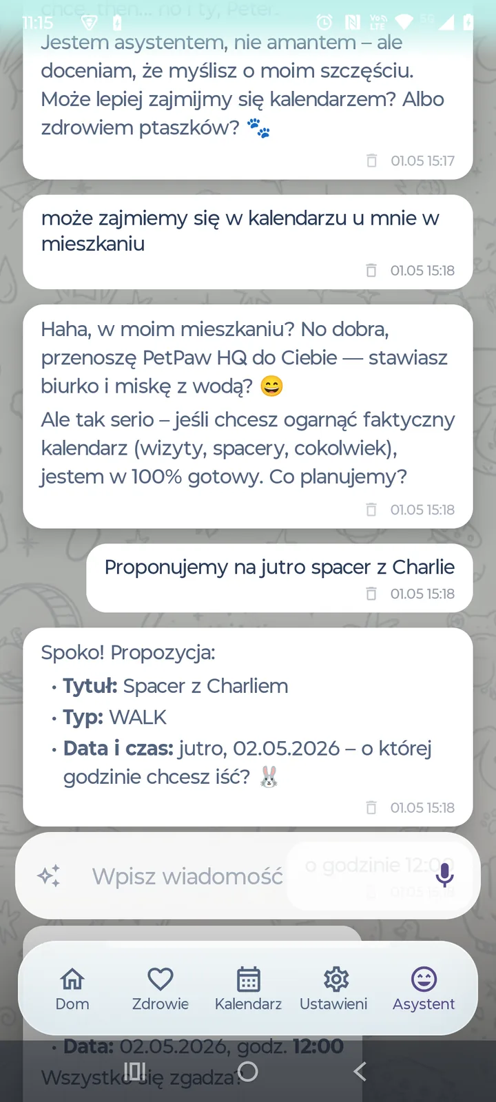 PetPaw AI assistant conversation — calendar planning with the pet's profile loaded