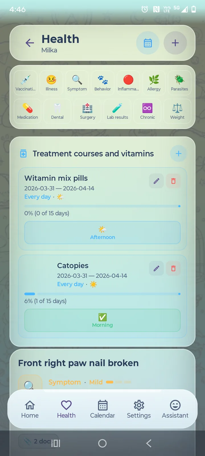 PetPaw health manager — categories (vaccinations, allergies, parasites…) plus active treatment courses with progress bars